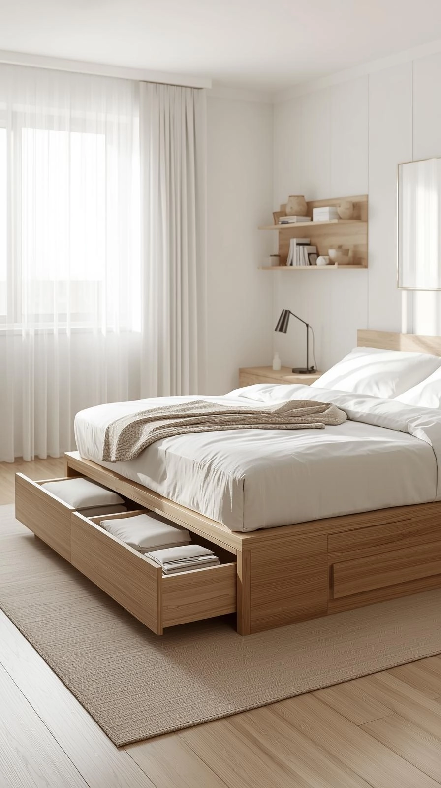 Platform twin bed with hidden storage drawers in a small bright bedroom, showing space-saving twin bed ideas for small room.