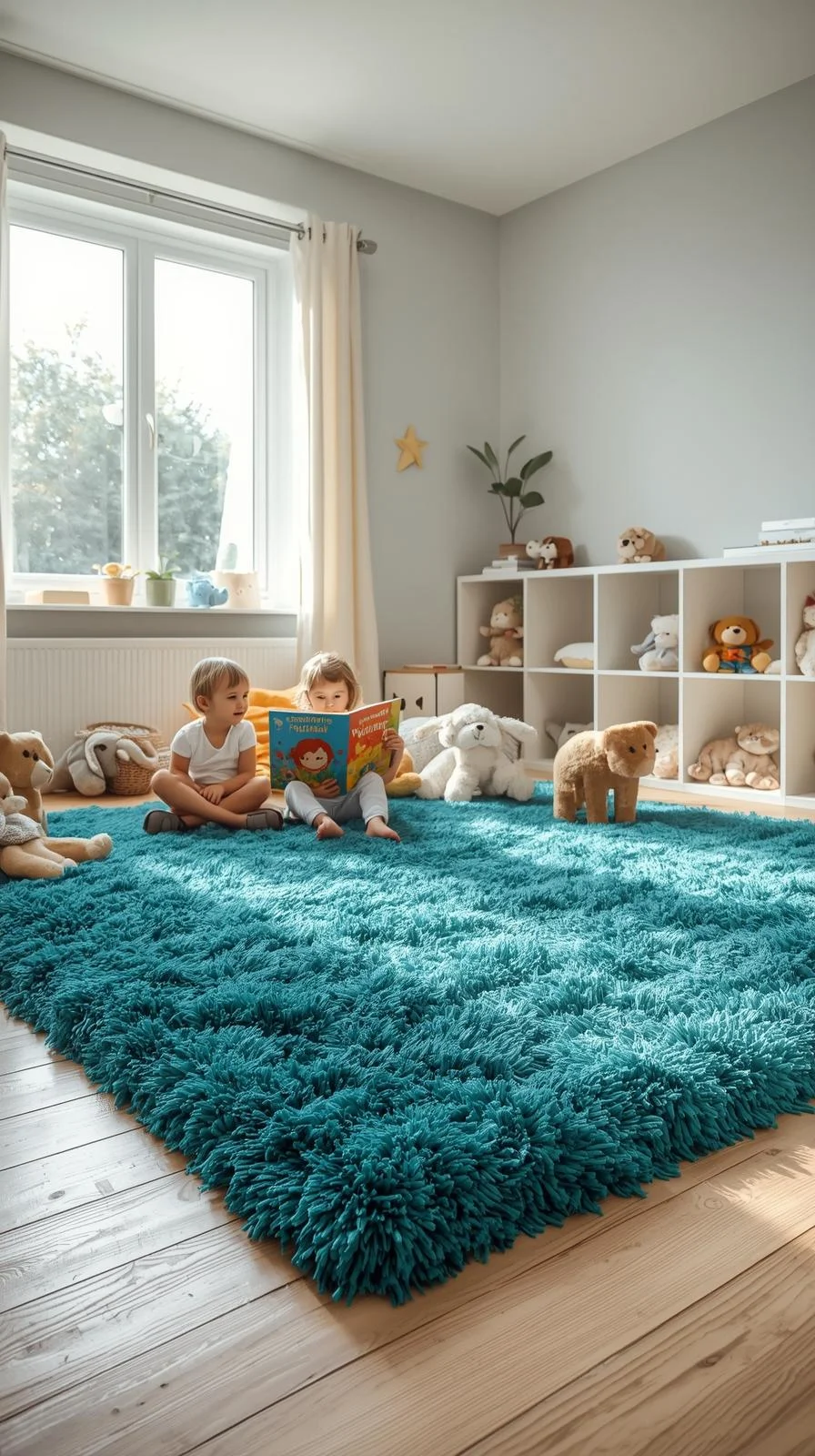 Plush shag rug in bold teal color creating a cozy playroom setup with children playing, highlighting soft playroom rug ideas.