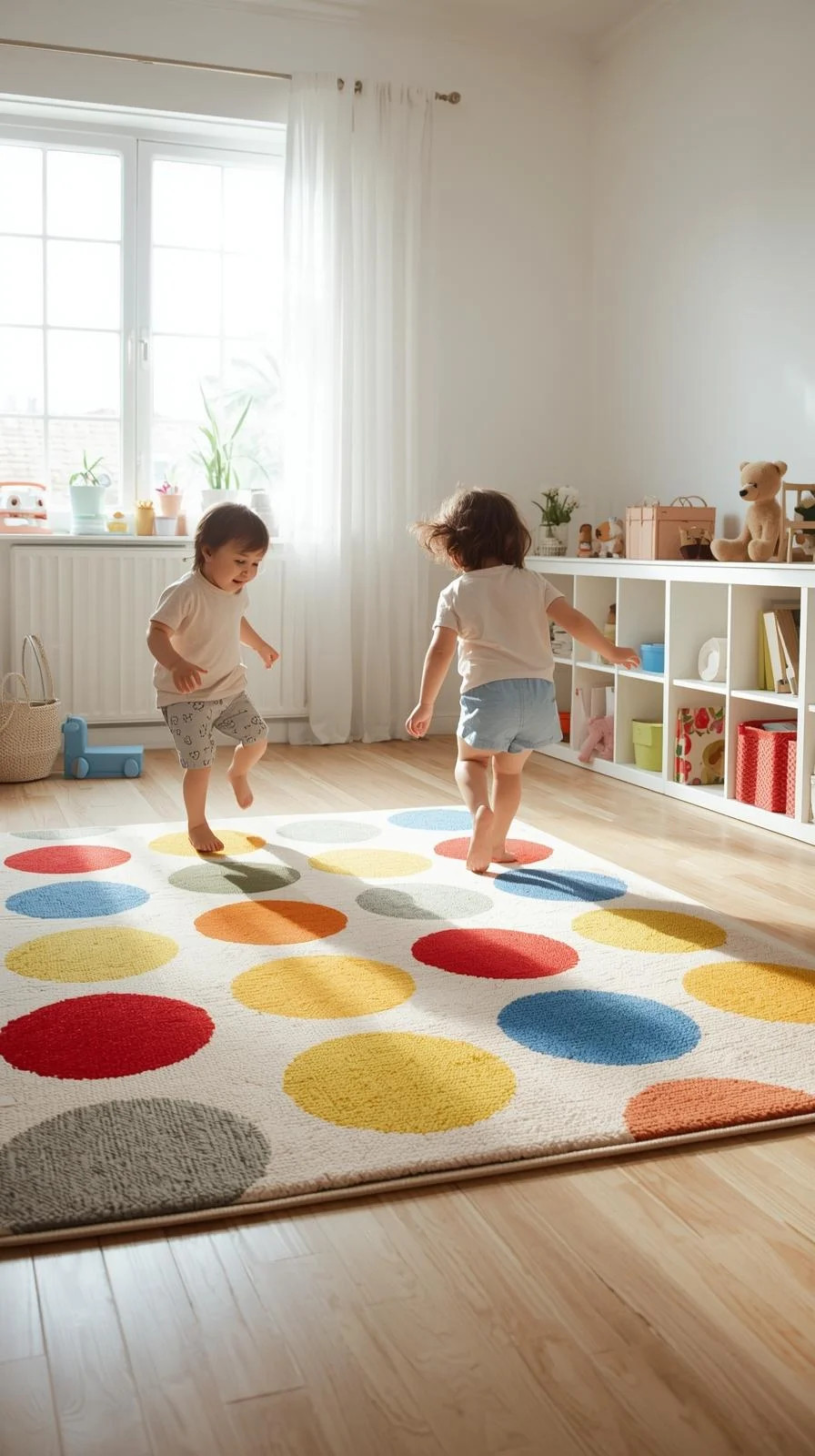 Colorful polka dot playroom rug with kids playing, showcasing timeless and playful playroom rug ideas for children.
