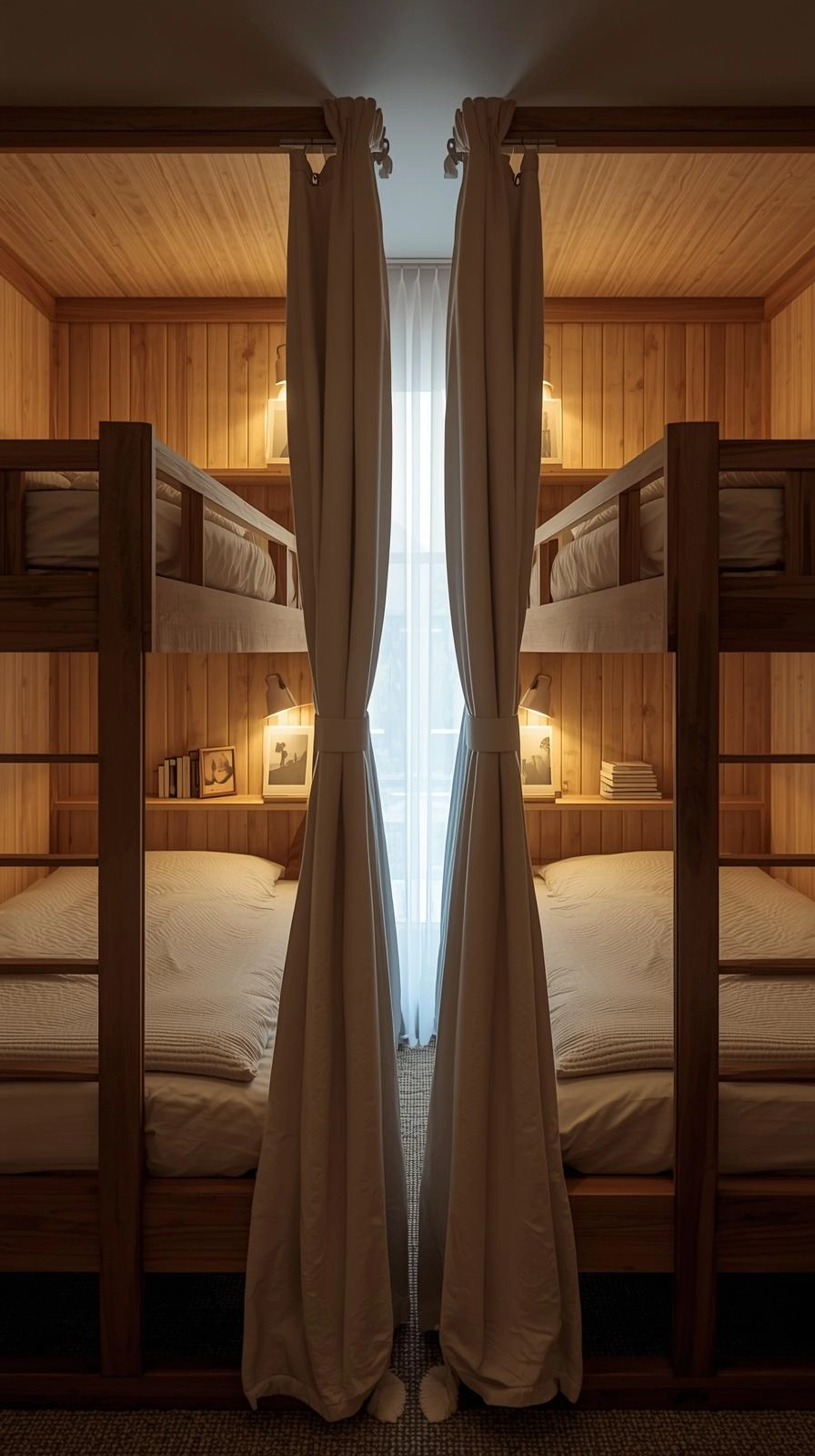 Bunk bedroom decor ideas with privacy curtains, reading lights, and personal shelves for a cozy, private sleeping space.