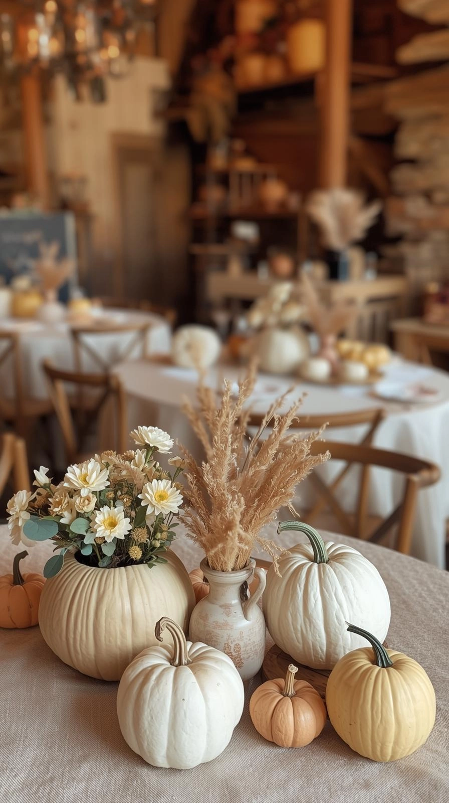 Pumpkin patch fall baby shower with pastel pumpkins, floral arrangements, and rustic seasonal decor.