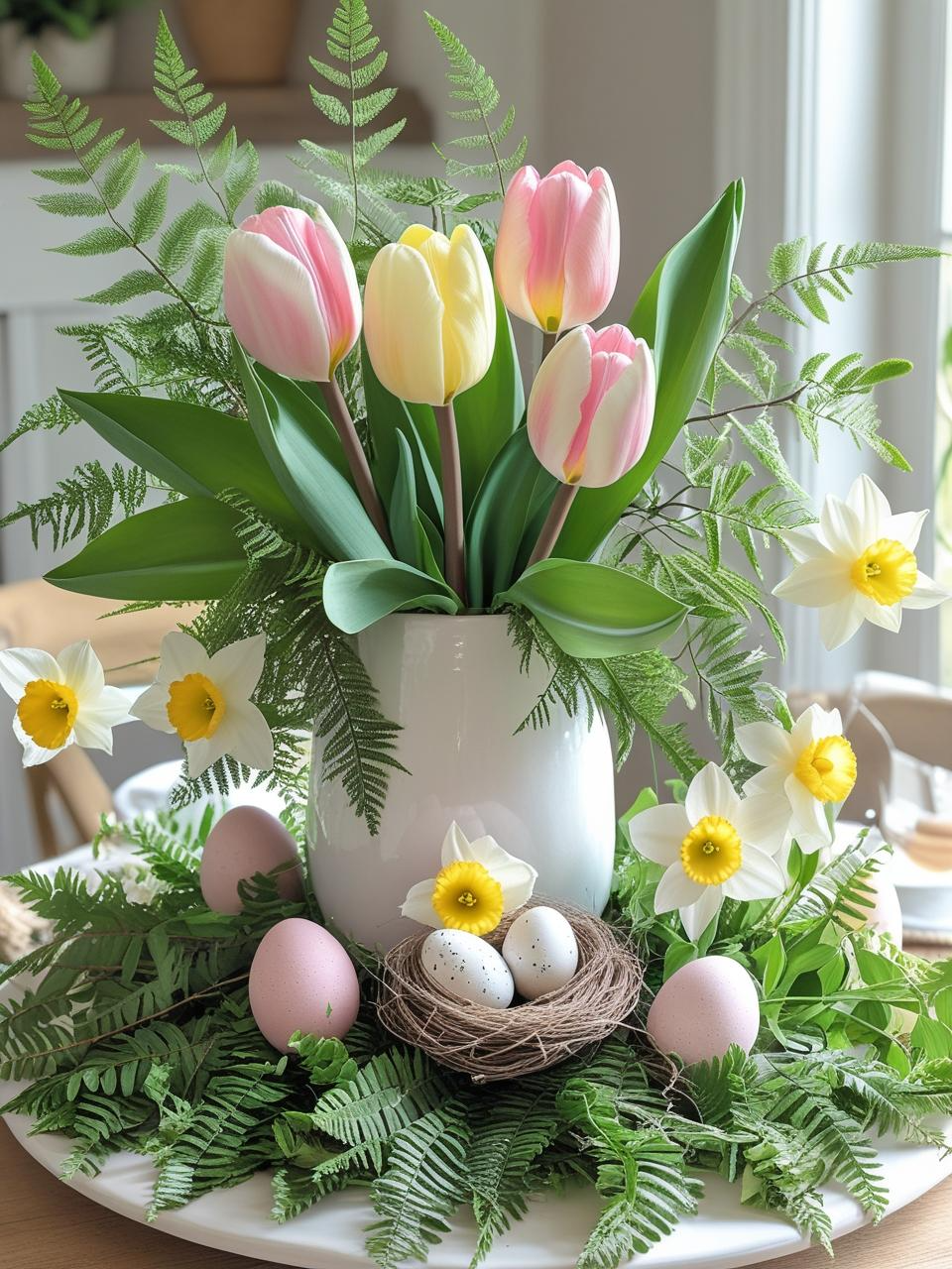 Quick and easy DIY Easter centerpiece with greenery, blooms, and seasonal accents