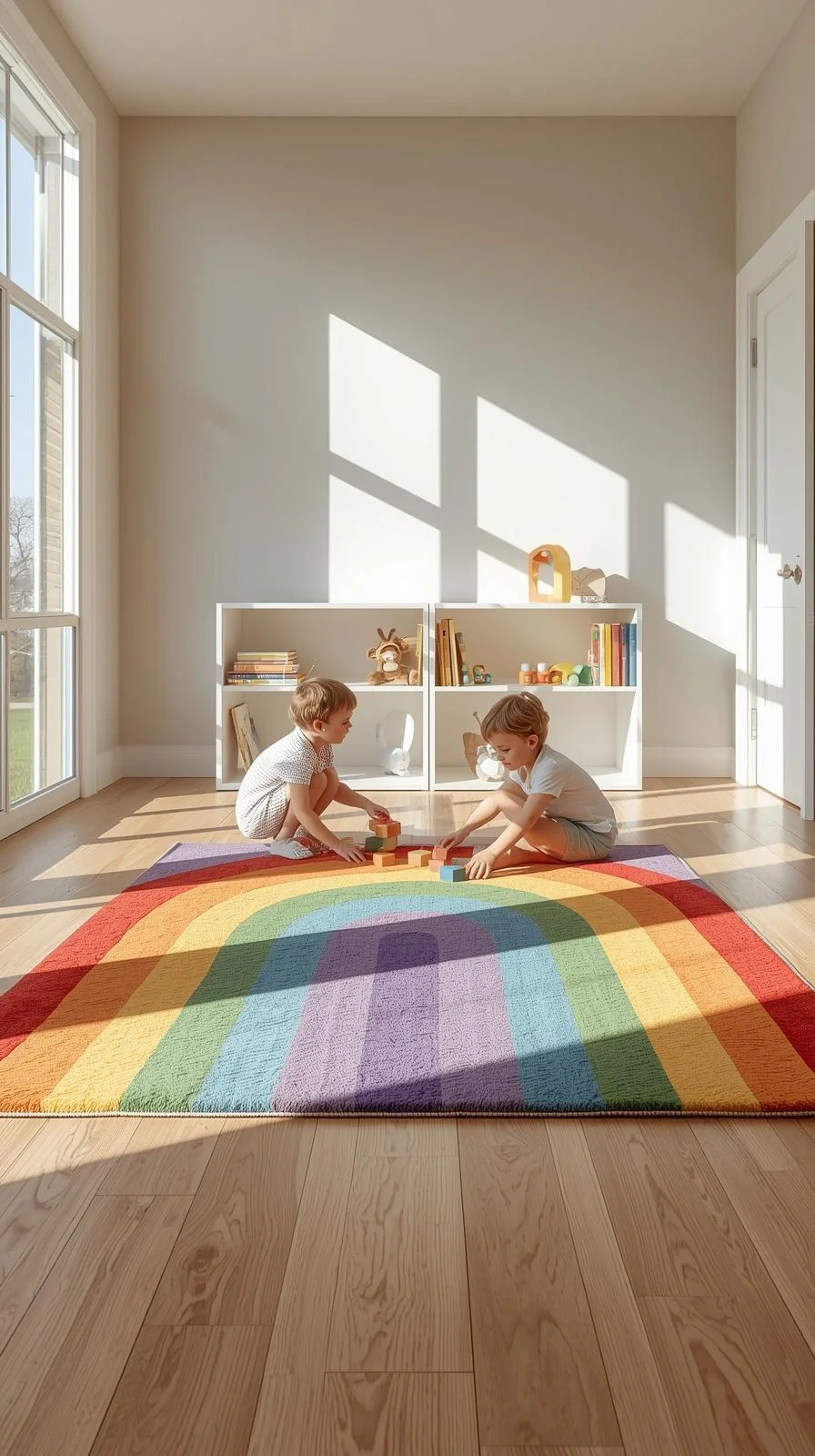 Colorful rainbow striped rug in a modern playroom with children playing, showcasing playful playroom rug ideas for kids.