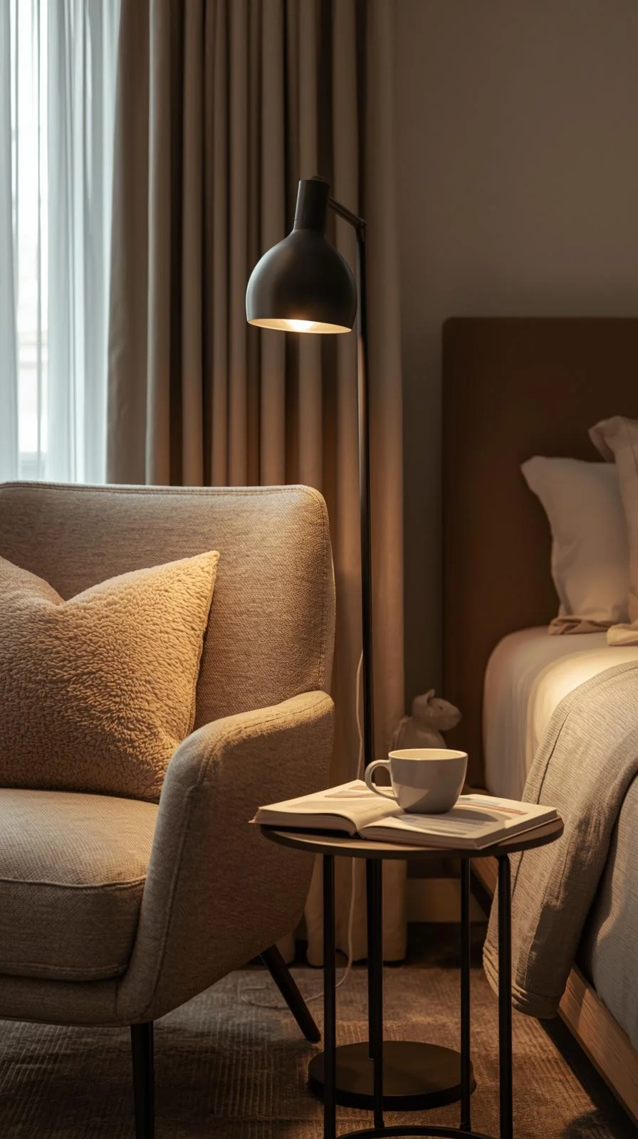 Reading nook decor ideas for apartments bedroom with a chair, pillow, side table, and floor lamp for a cozy retreat.