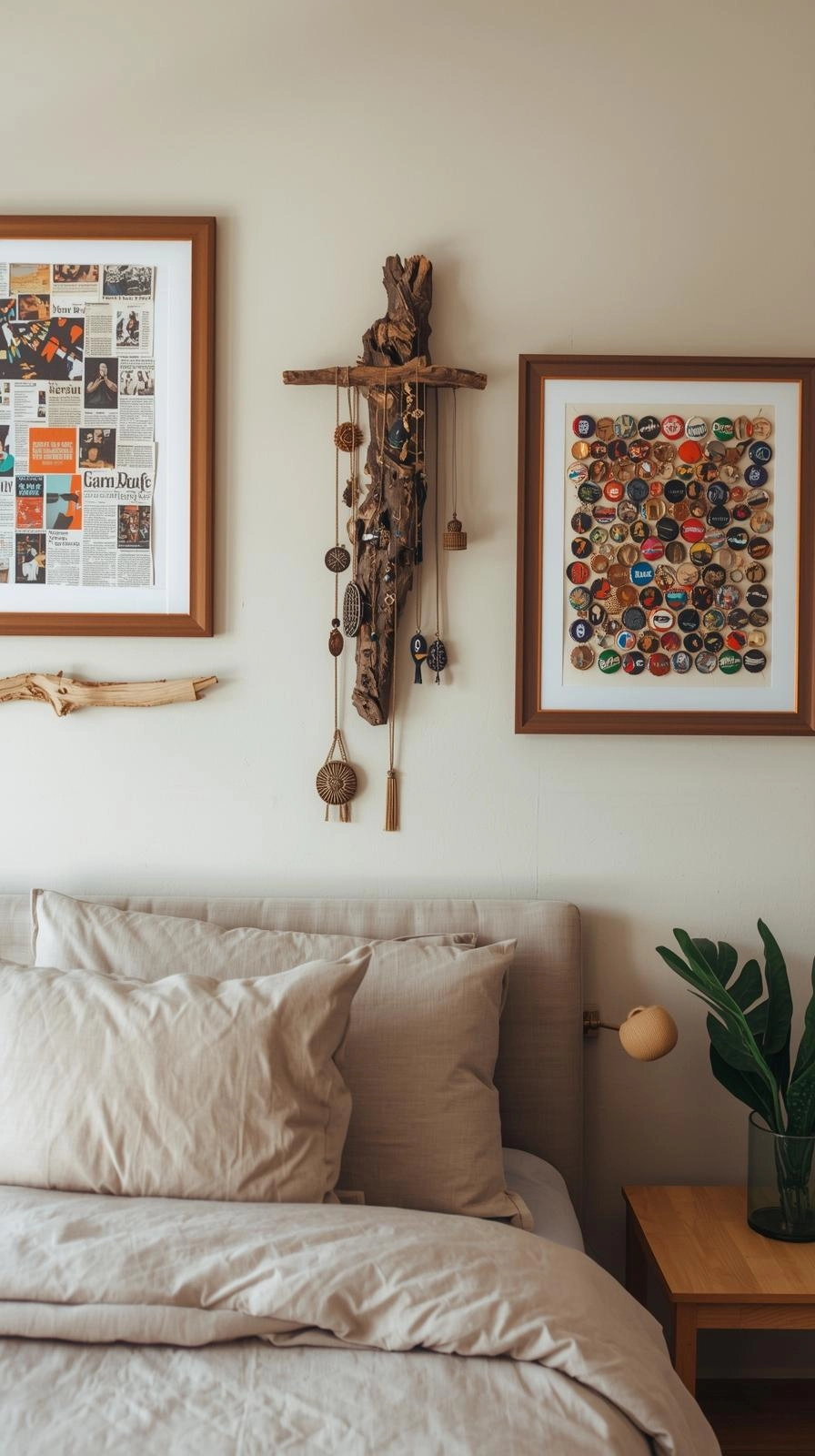 Decorating ideas for bedroom walls with recycled art made from magazines, driftwood, and found objects.