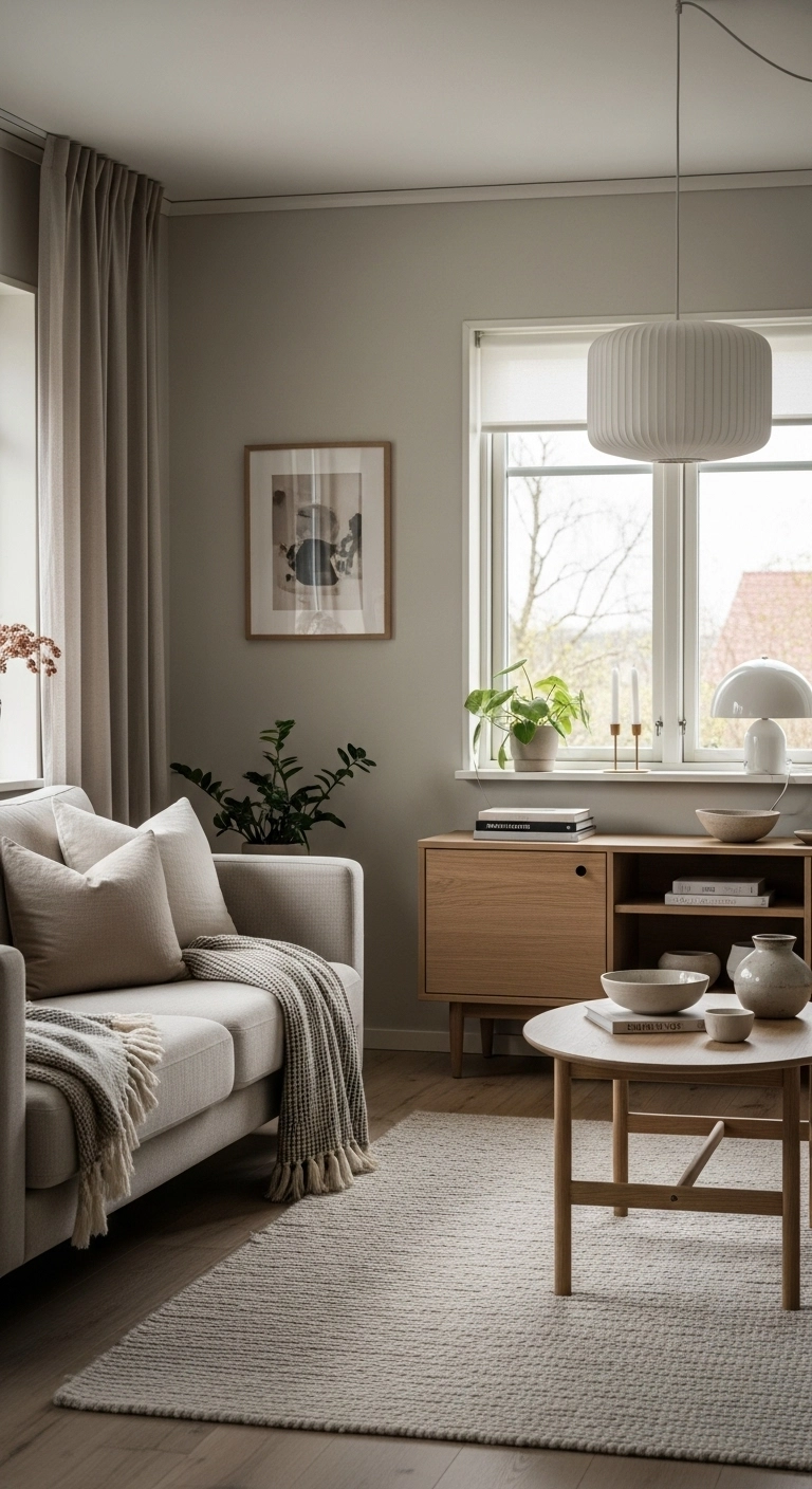 A restful and comfortable cozy Scandinavian living room with soft textures, warm light, and natural materials.
