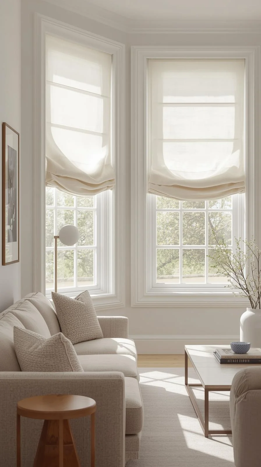 Roman shades for living room windows providing a clean, tailored look in a bright modern home.