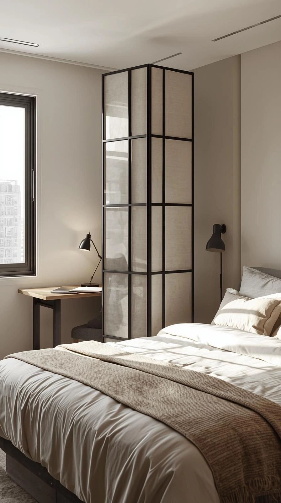 Small bedroom with a folding screen divider separating bed and desk, showing organized office bedroom combo ideas.