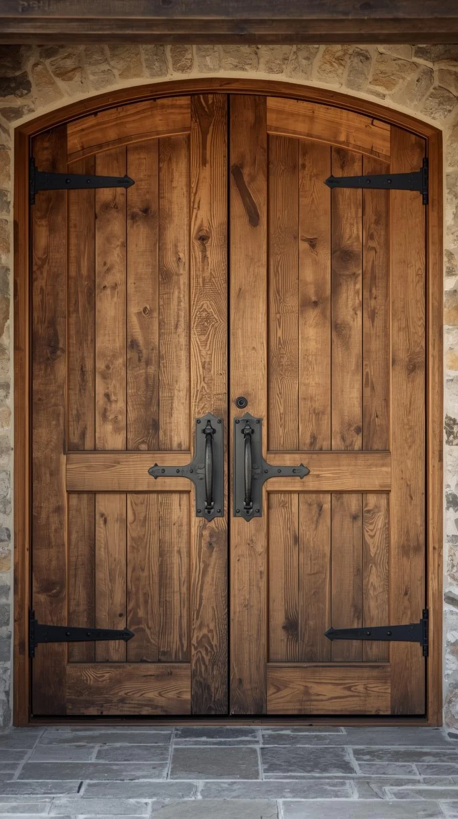 Rustic double door entryway with reclaimed wood planks and heavy black iron hardware set in a farmhouse stone facade.
