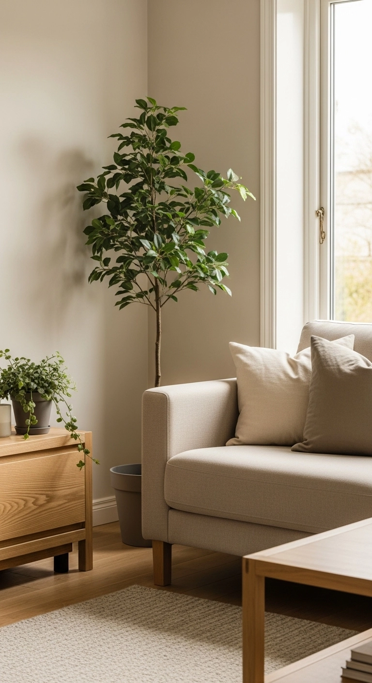 Greenery adding soft life to a cozy Scandinavian living room with a tall corner plant and simple natural decor.