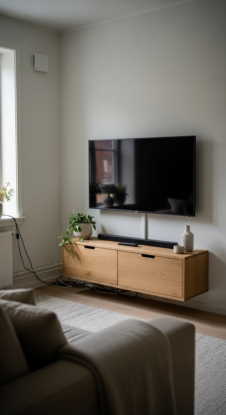 Compact and tidy media area in a cozy Scandinavian living room with a wall-mounted TV and minimal decor.