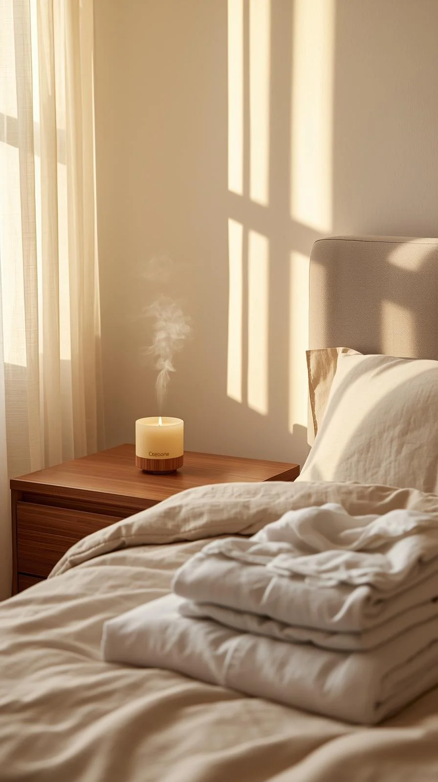 Scent decor ideas for apartments bedroom with candle, diffuser, and fresh laundry creating a relaxing atmosphere.