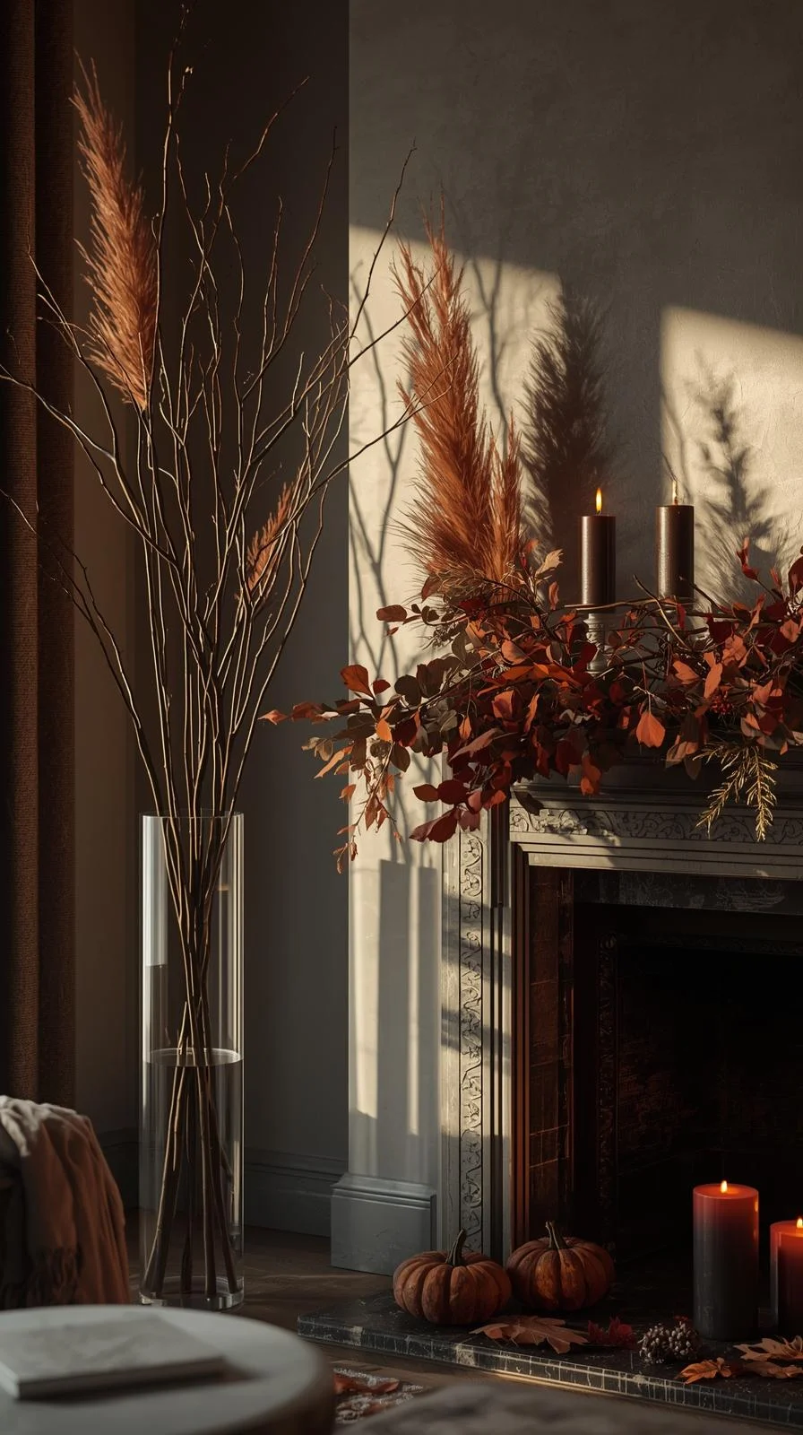 Spooky season home decor with bare branches, dried pampas grass, and autumn leaves in a cozy living room.
