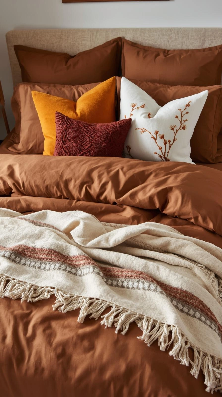 Brown bedding aesthetic styled with seasonal accents including fall orange pillows, winter wool blankets, and spring floral touches.