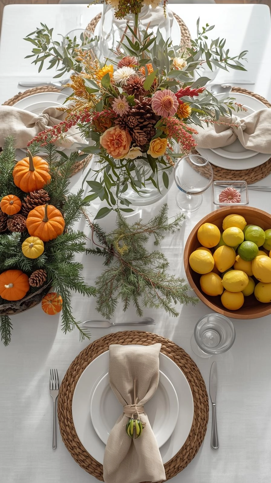 Fun natural table settings ideas with pumpkins, pinecones, spring flowers, and summer fruits showing seasonal dining accents.