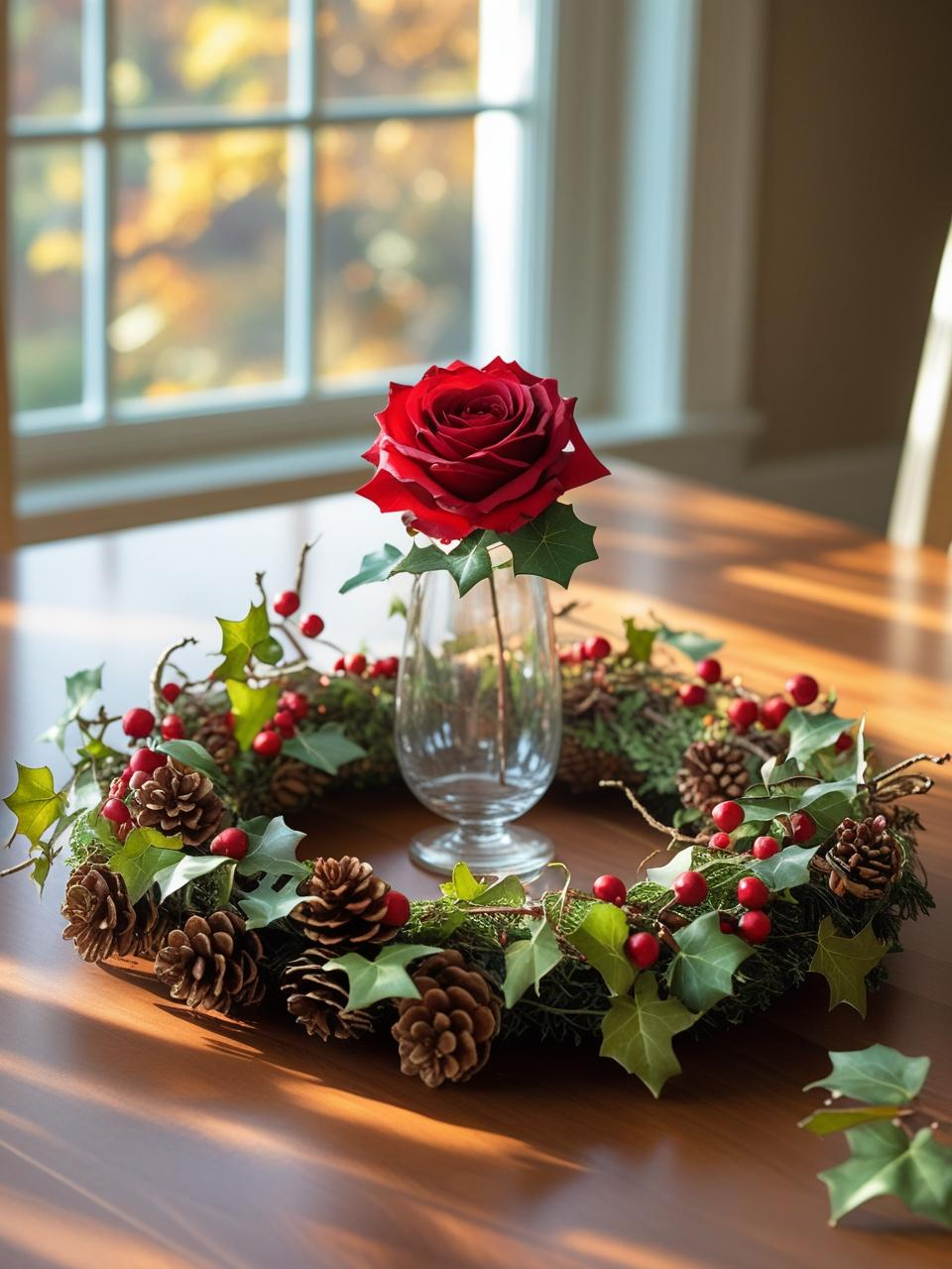 Seasonal wreath laid flat with a small vase or candle centerpiece on a dining room table – Dining Room Table Centerpiece Ideas.