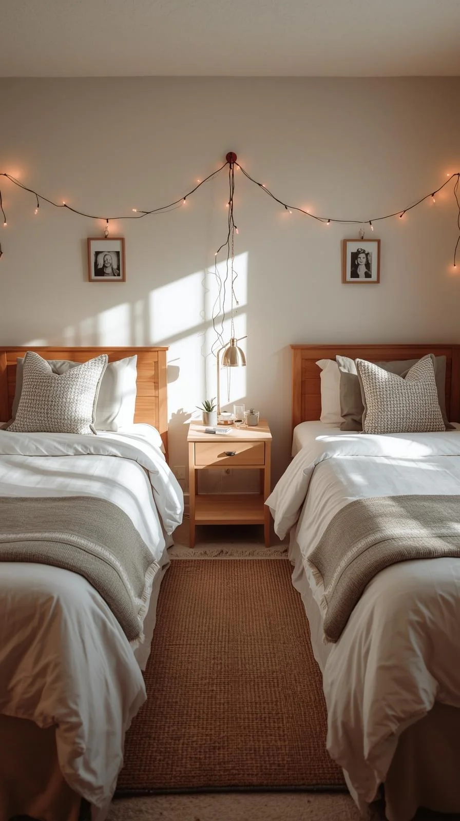 Shared college dorm room decor ideas with matching bedding, accent pillows, and string lights for balanced design.