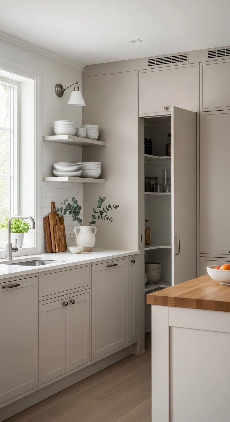 Simple flat-front cabinets in a bright Nordic kitchen showing clean and calm Scandinavian kitchen ideas.