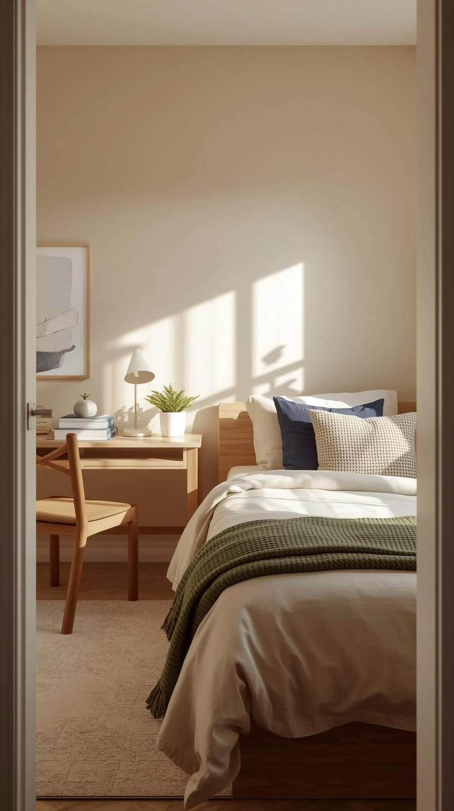 A cozy dorm room decorated in neutral beige and green tones showing how simple color stories enhance small dorm room decoration ideas.