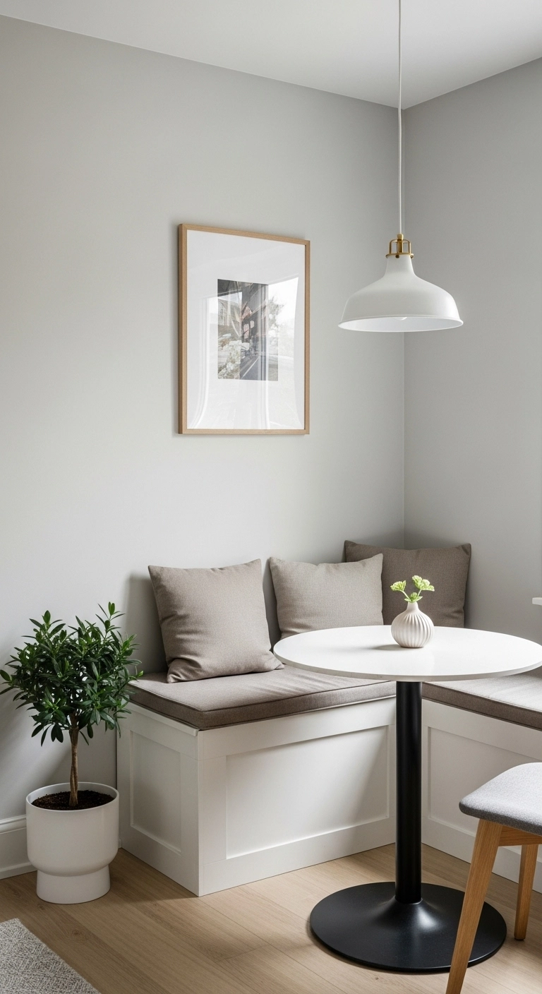 Corner dining nook with simple decor including a plant, small vase, and framed picture