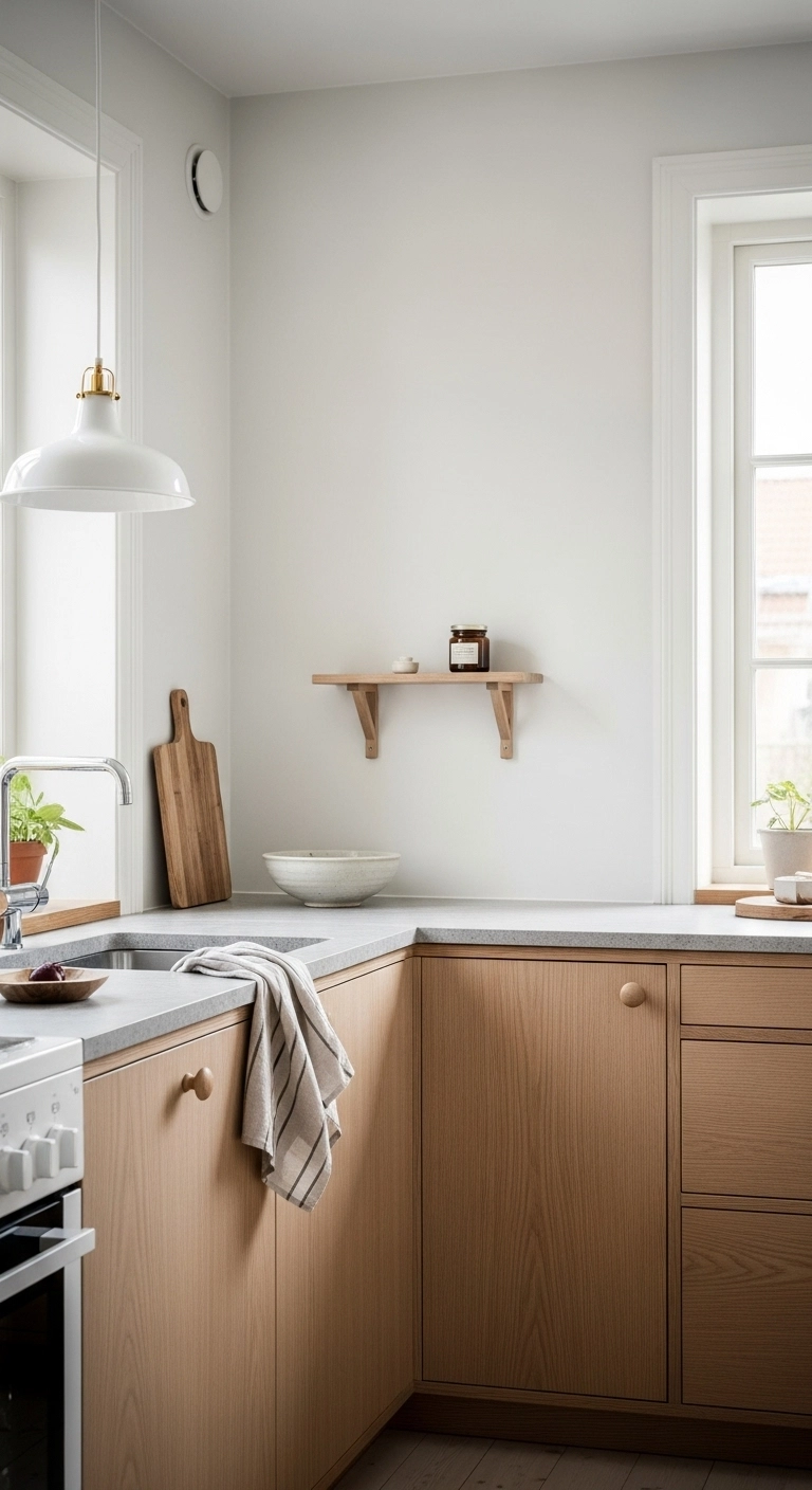 Simple lived-in decor in a Scandinavian kitchen with cotton towel and bowl showcasing cozy Scandinavian kitchen ideas.