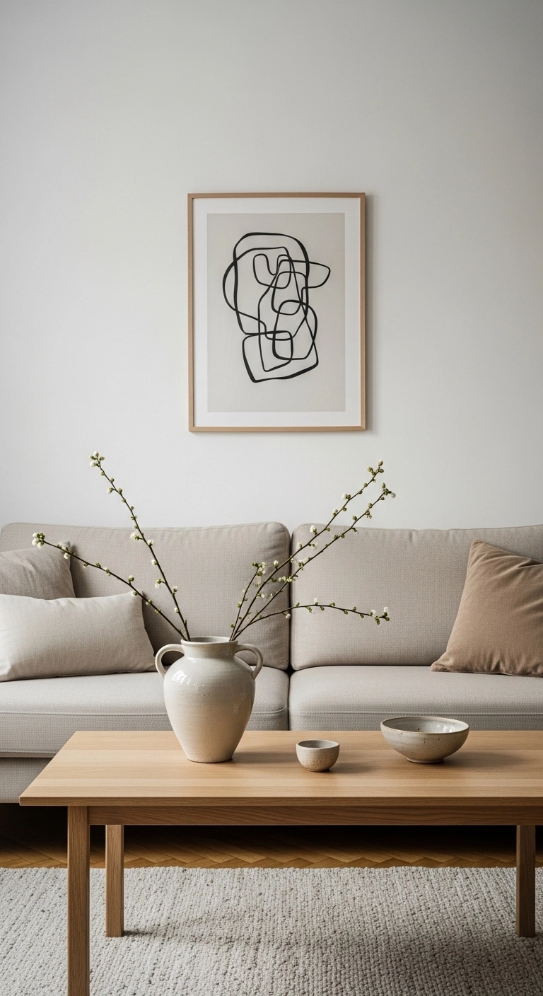 Simple decor in a cozy Scandinavian living room with calm artwork, a vase with branches, and minimal natural accents.