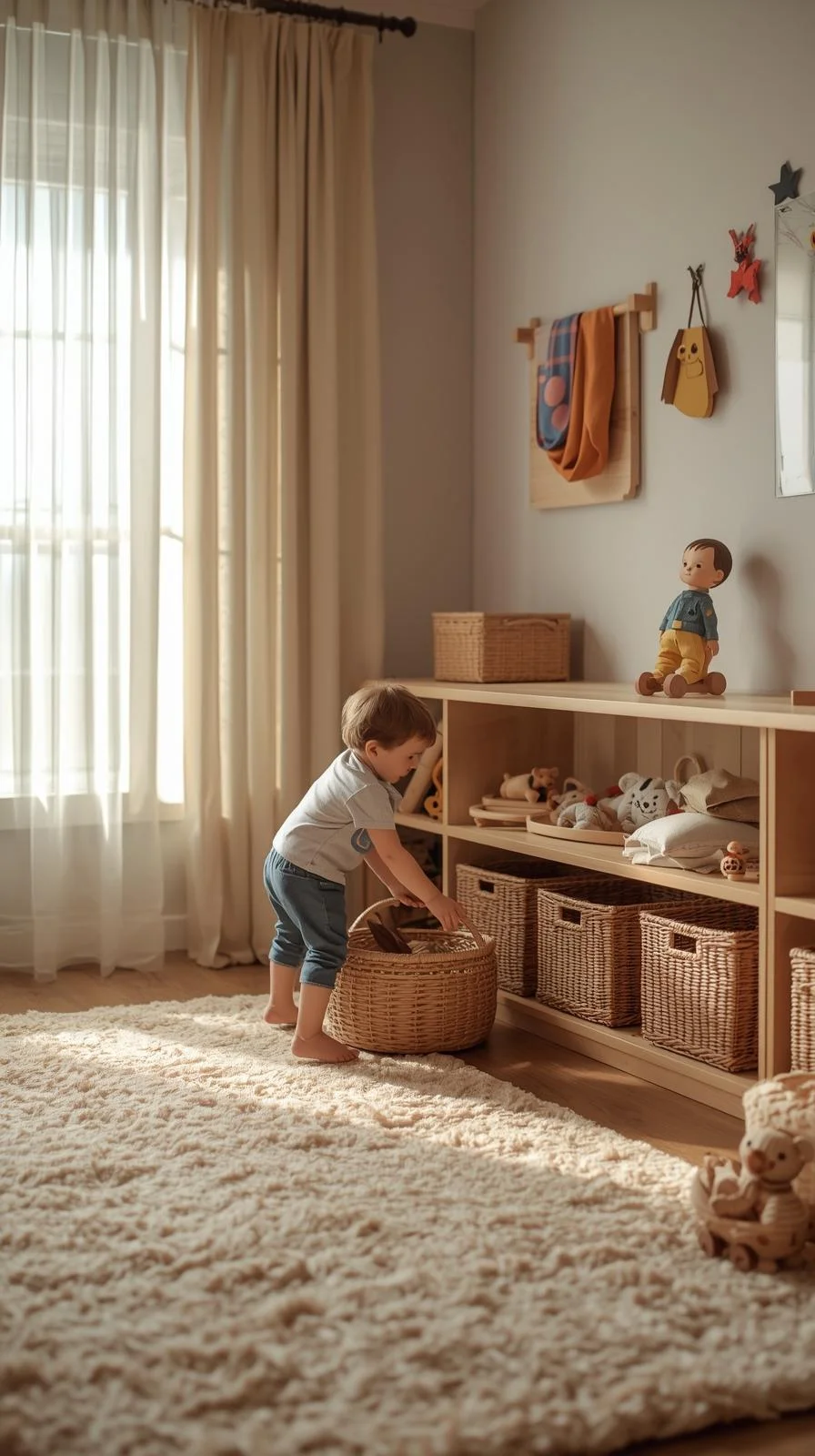 Waldorf playroom with simple storage using baskets and low wooden shelves for organized toys.