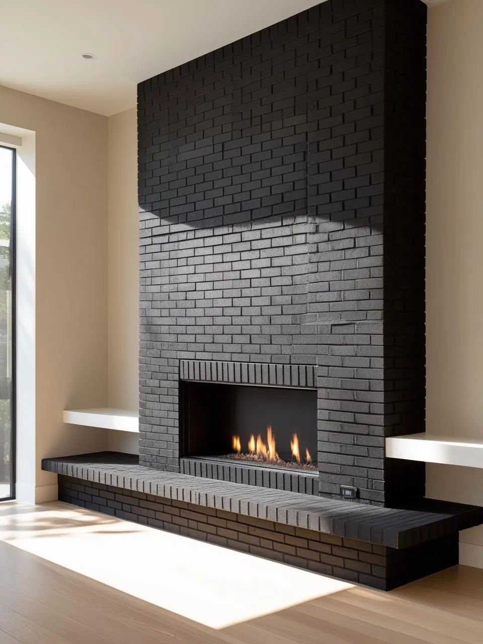 Sleek modern black brick fireplace with flush surround, minimal hearth, and built-in shelving for a clean, contemporary look.
