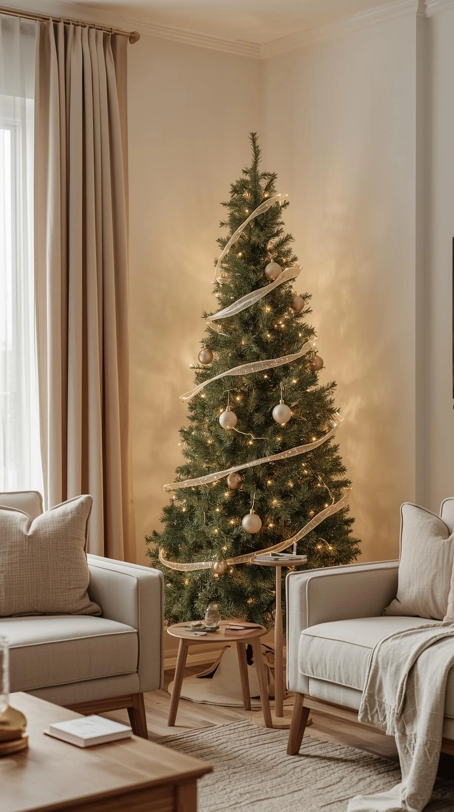Slim and tall Christmas tree decorated with warm lights in a small modern living room, showing 2025 Christmas tree trends.