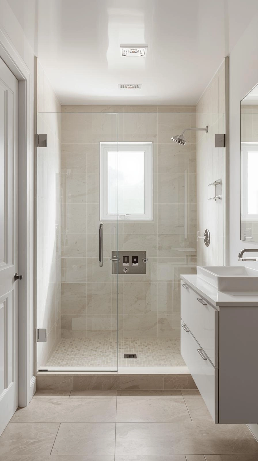 Minimalist small bathroom with a frameless glass shower that opens the room and creates a bright, spacious feel.
