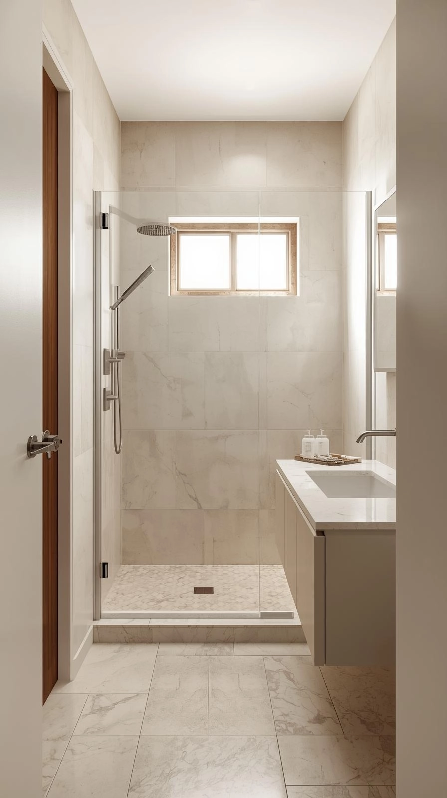 Minimalist small bathroom in light colors with beige and white tones that reflect natural light to make the space feel larger.