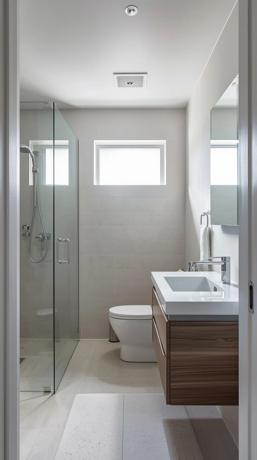 Modern small bathroom ideas with shower featuring a clear glass wall, floating vanity, and minimalist layout for better flow.