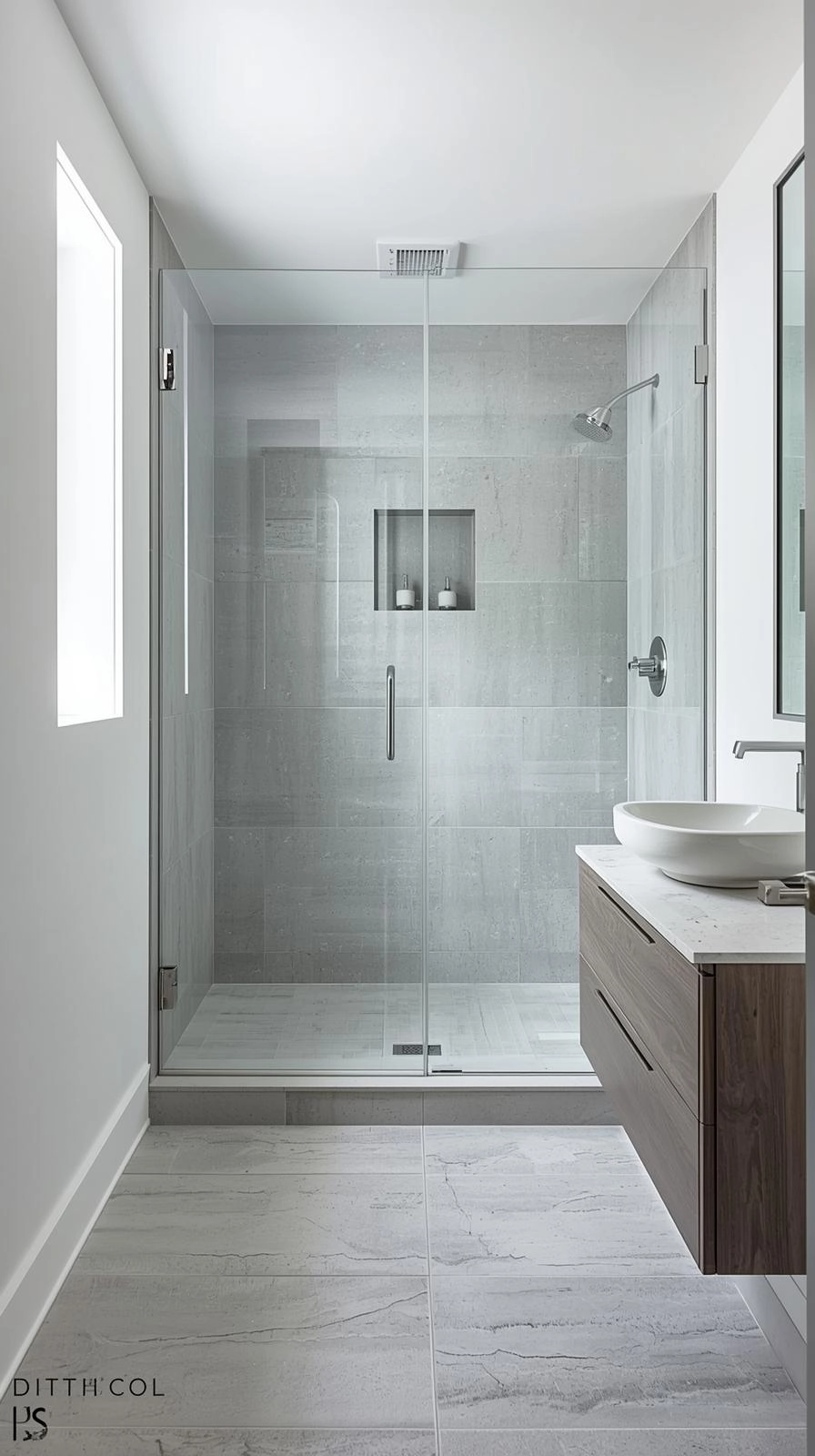 Minimalist small bathroom with a walk-in shower and no step, featuring seamless flooring and a frameless glass screen.