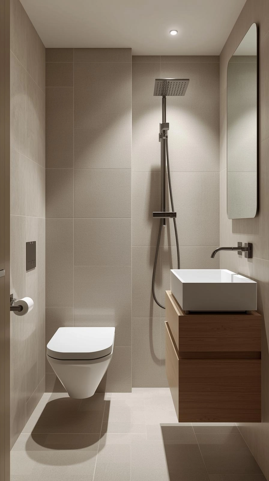Minimalist small bathroom with compact fixtures including a wall-mounted toilet, slim sink, and ceiling rainfall showerhead.