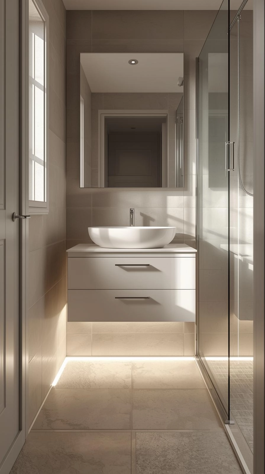 Minimalist small bathroom with a floating vanity and wall-mounted faucet that frees up floor space for a more open feel.