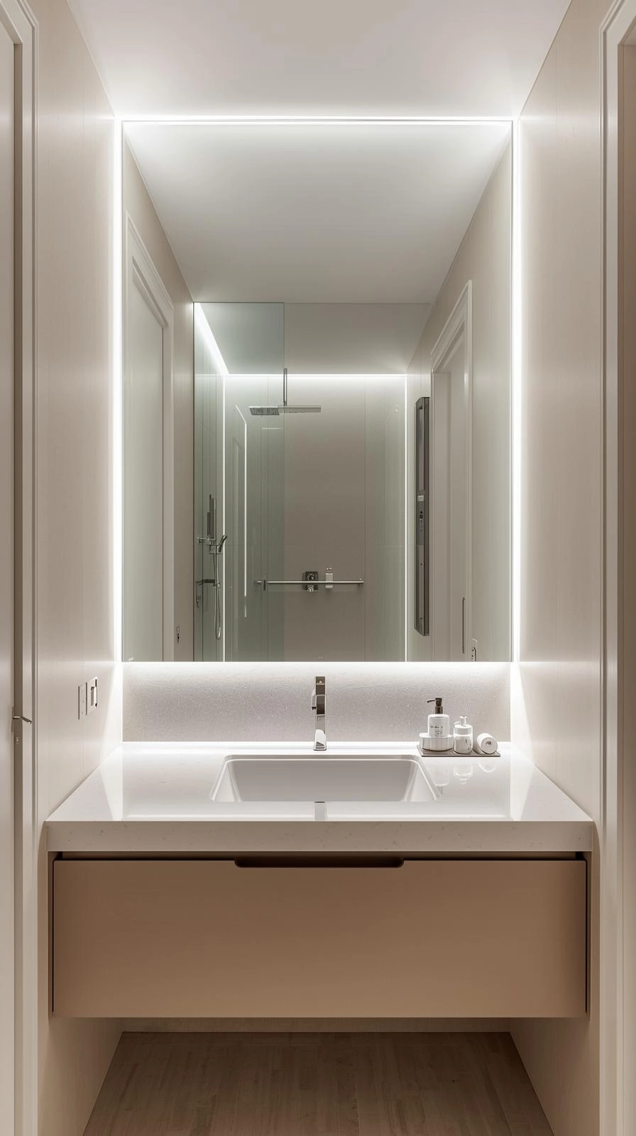 Minimalist small bathroom with a large frameless wall mirror that reflects light and makes the space feel bigger.