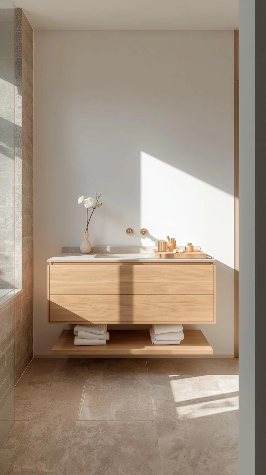 Minimalist small bathroom with a light oak vanity and stone shower floor that add natural warmth to a modern design.