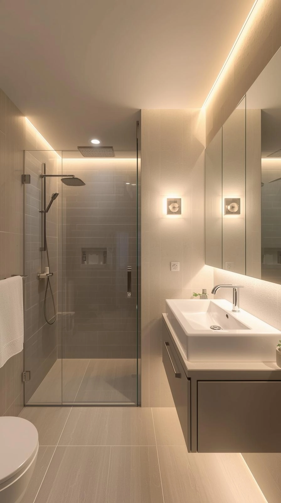 Minimalist small bathroom with smart layered lighting including recessed shower lights, LED vanity glow, and wall fixtures.
