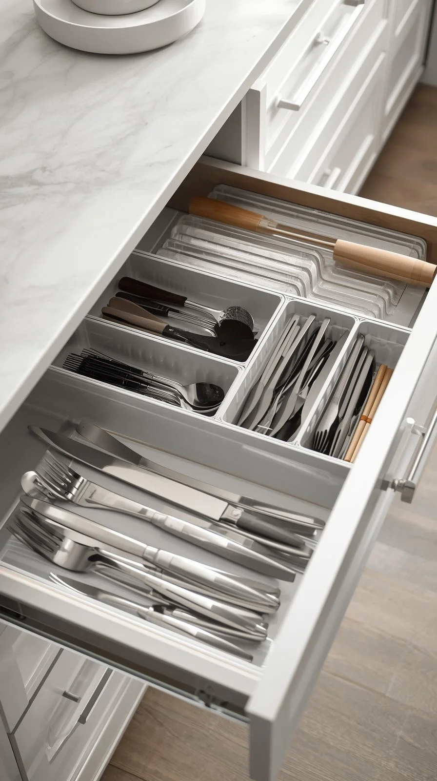Small space kitchen storage ideas with drawer organizers neatly dividing utensils and baking sheets for efficient use.
