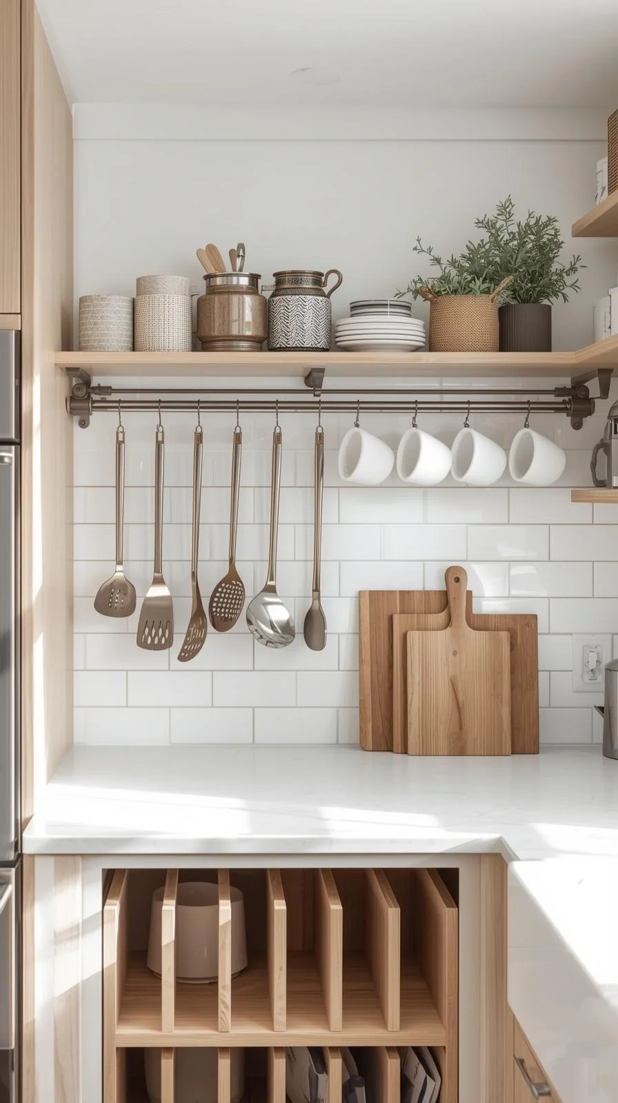 Small space kitchen storage ideas with hooks and rails holding utensils, mugs, and cutting boards neatly off the counter.