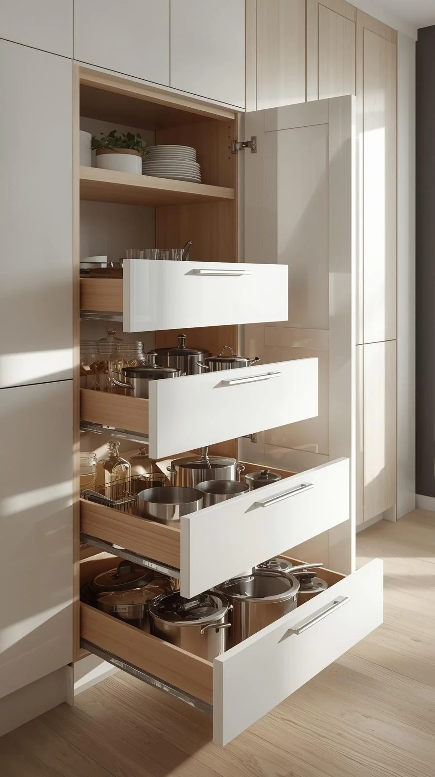 Small space kitchen storage ideas with pull-out shelves showcasing organized cookware and pantry items in lower cabinets.