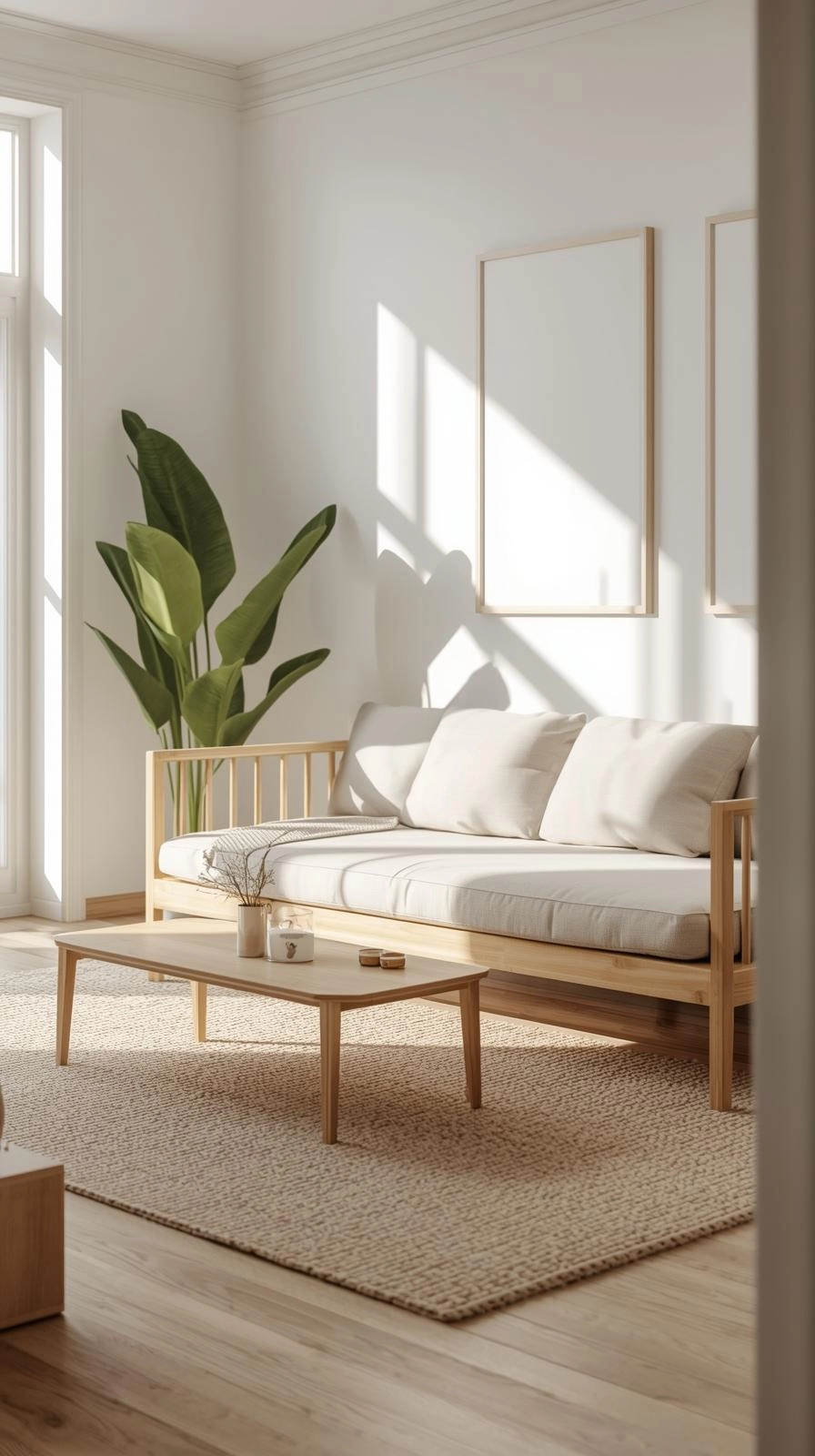 Small modern living room with a beige daybed couch, open wooden frame, slim coffee table, and bright airy design.