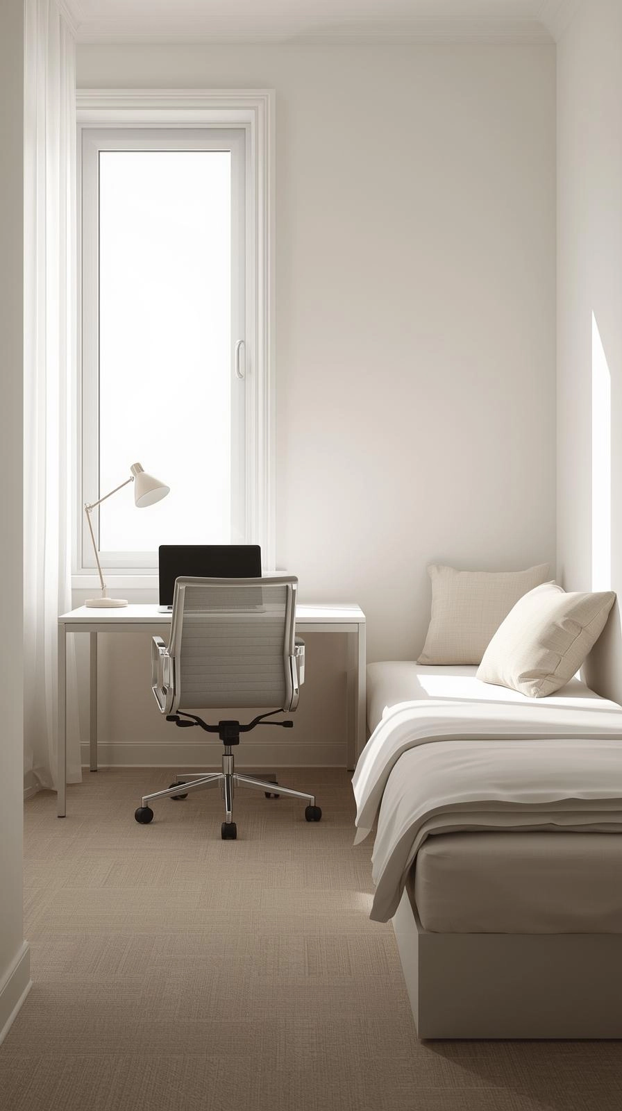 Small office with desk facing the window and a daybed along the side wall for a focused, balanced layout.