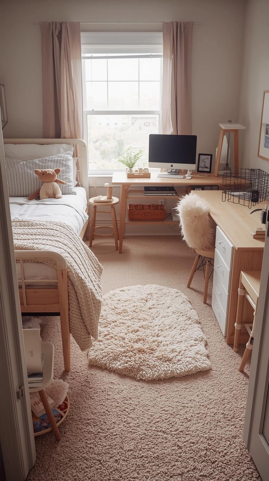 Girls dorm room with a soft area rug near the bed and desk adding warmth and comfort to the dorm floor setup.