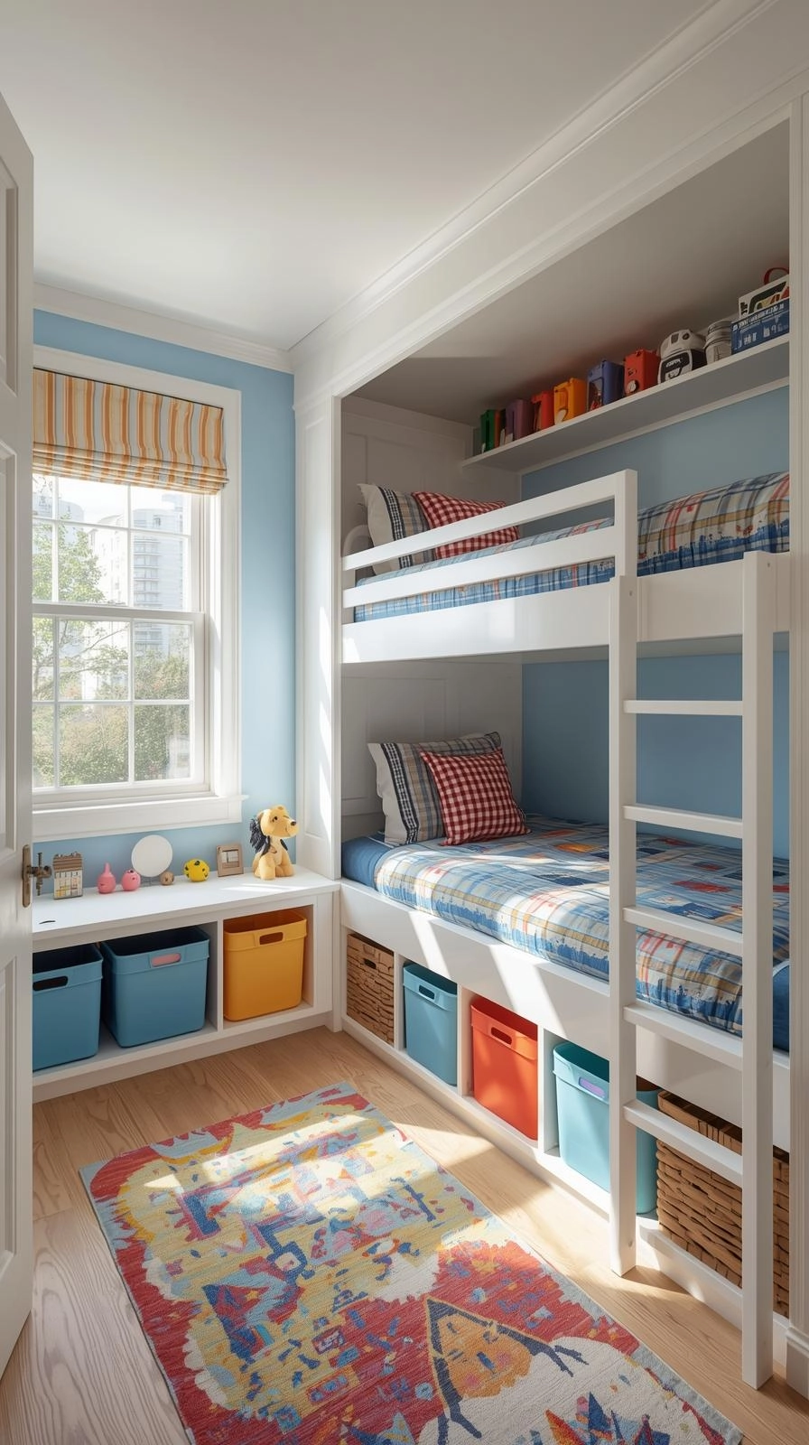 Small shared kids bedroom with under-bed drawers and built-in storage compartments for toys and clothes.