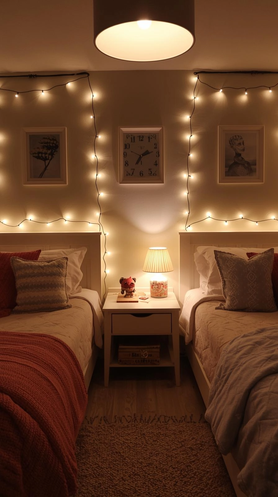 Small shared kids bedroom featuring wall-mounted reading lights, warm ceiling lighting, and a cozy nightlight for comfort.