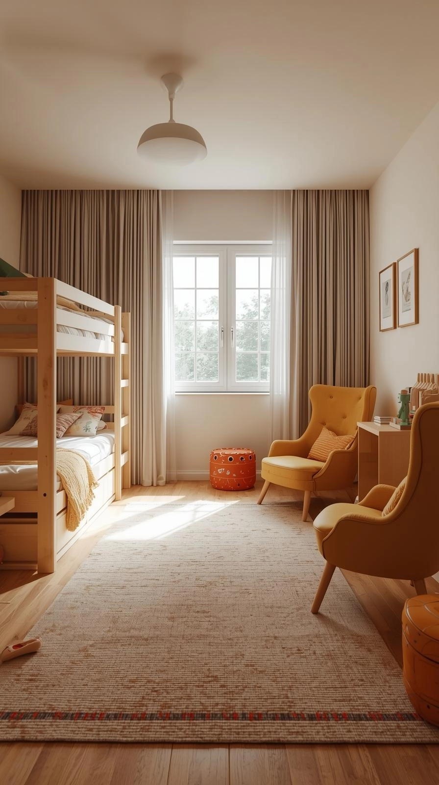 Small shared kids bedroom featuring low twin beds, short bookcases, and lightweight furniture for an open feel.