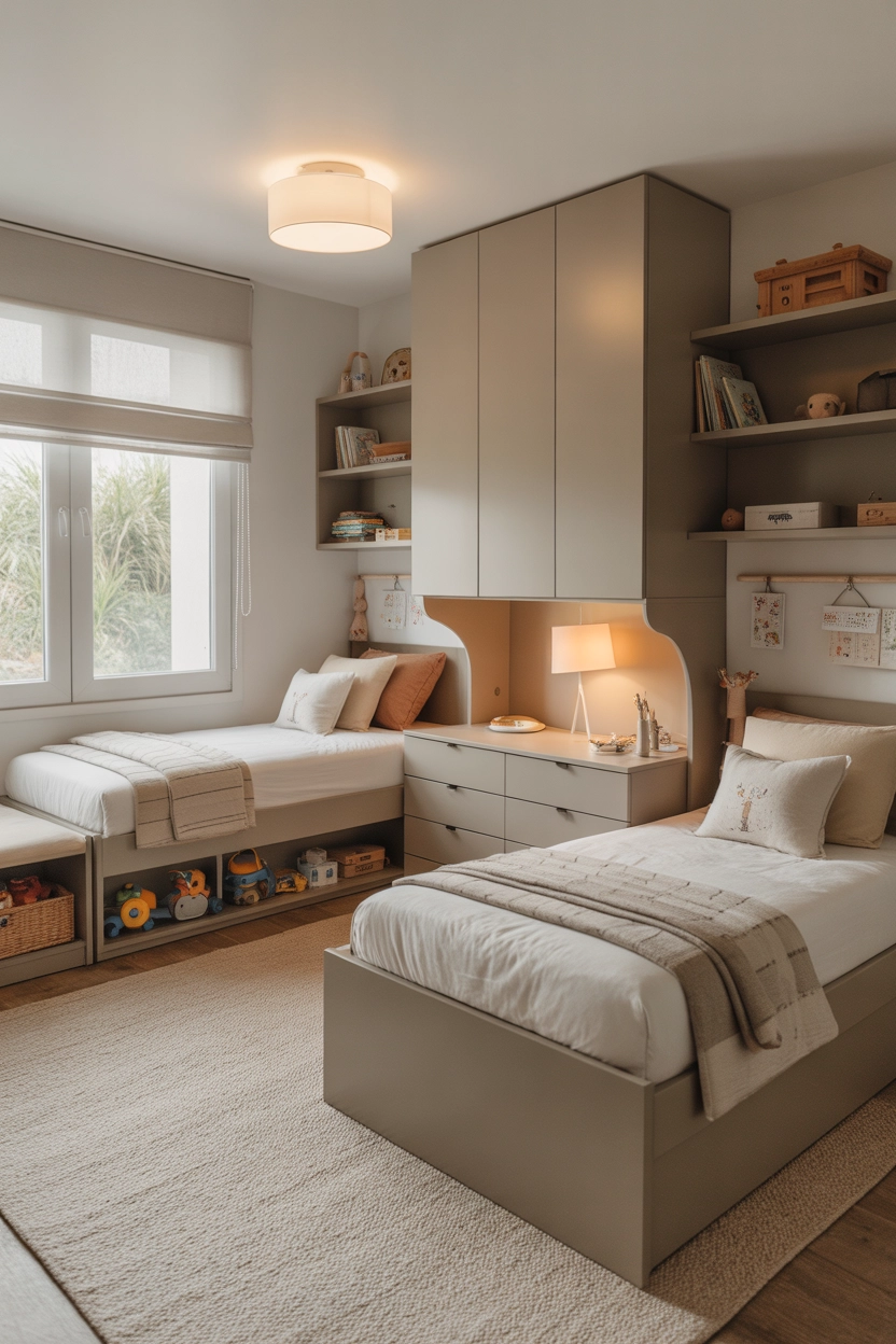 Small shared kids bedroom with foldable desk, storage bench, and headboards with built-in shelves for smart use of space.