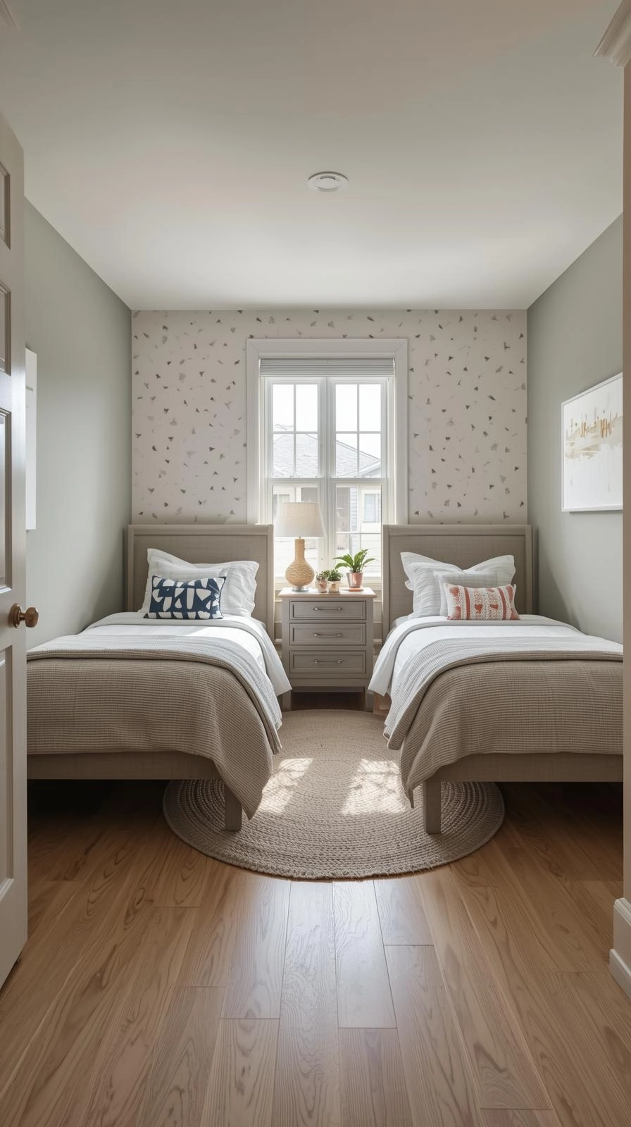 Small shared kids bedroom with light neutral walls, twin beds, and a soft accent wall creating a calm, spacious look.