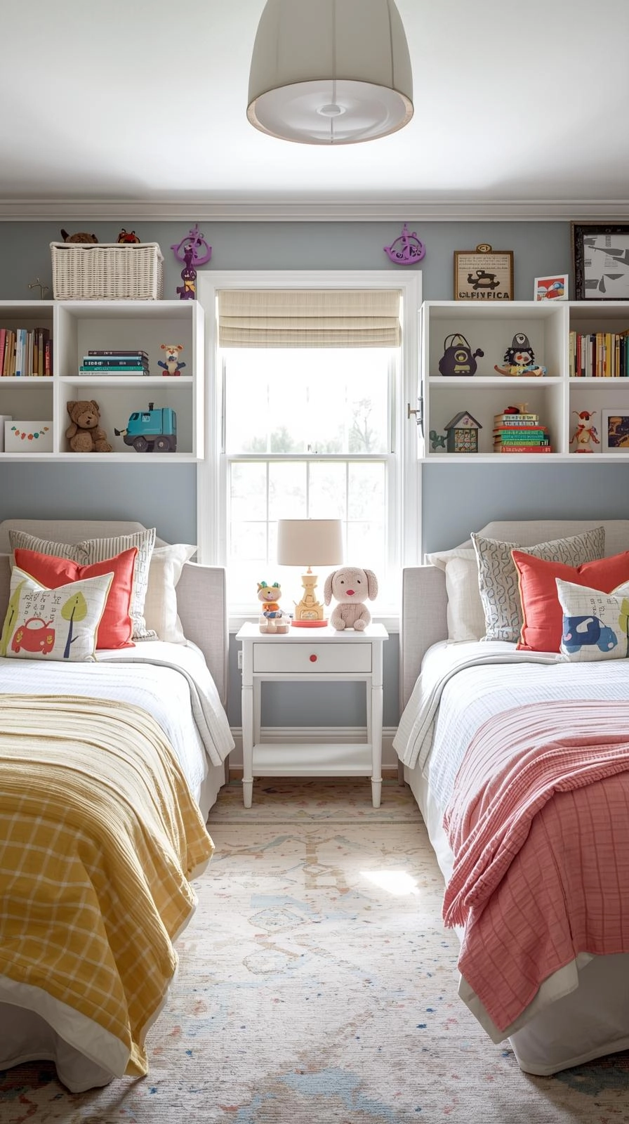 Small shared kids bedroom showing two personal zones with separate bedding, shelves, and decor for each child.